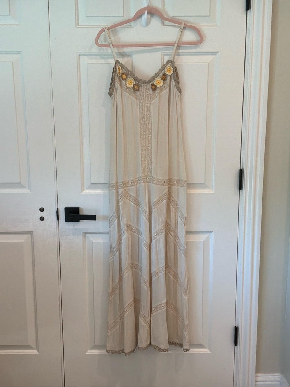 Bohemian Cream Maxi Slip Dress with Floral Trim